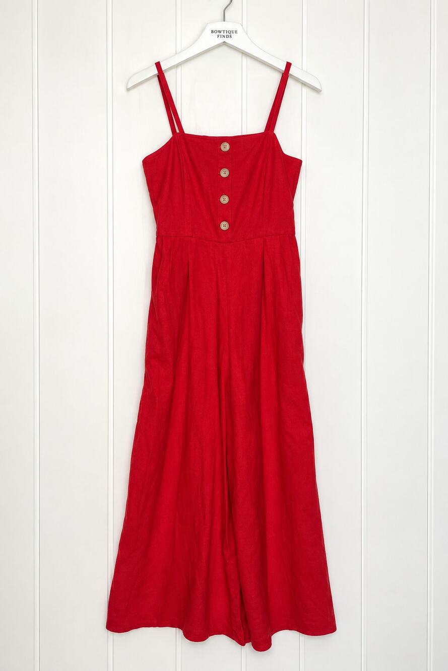 J. Gee Red Jumpsuit XS Linen Rayon Smocked Wide Leg Button Front Strappy